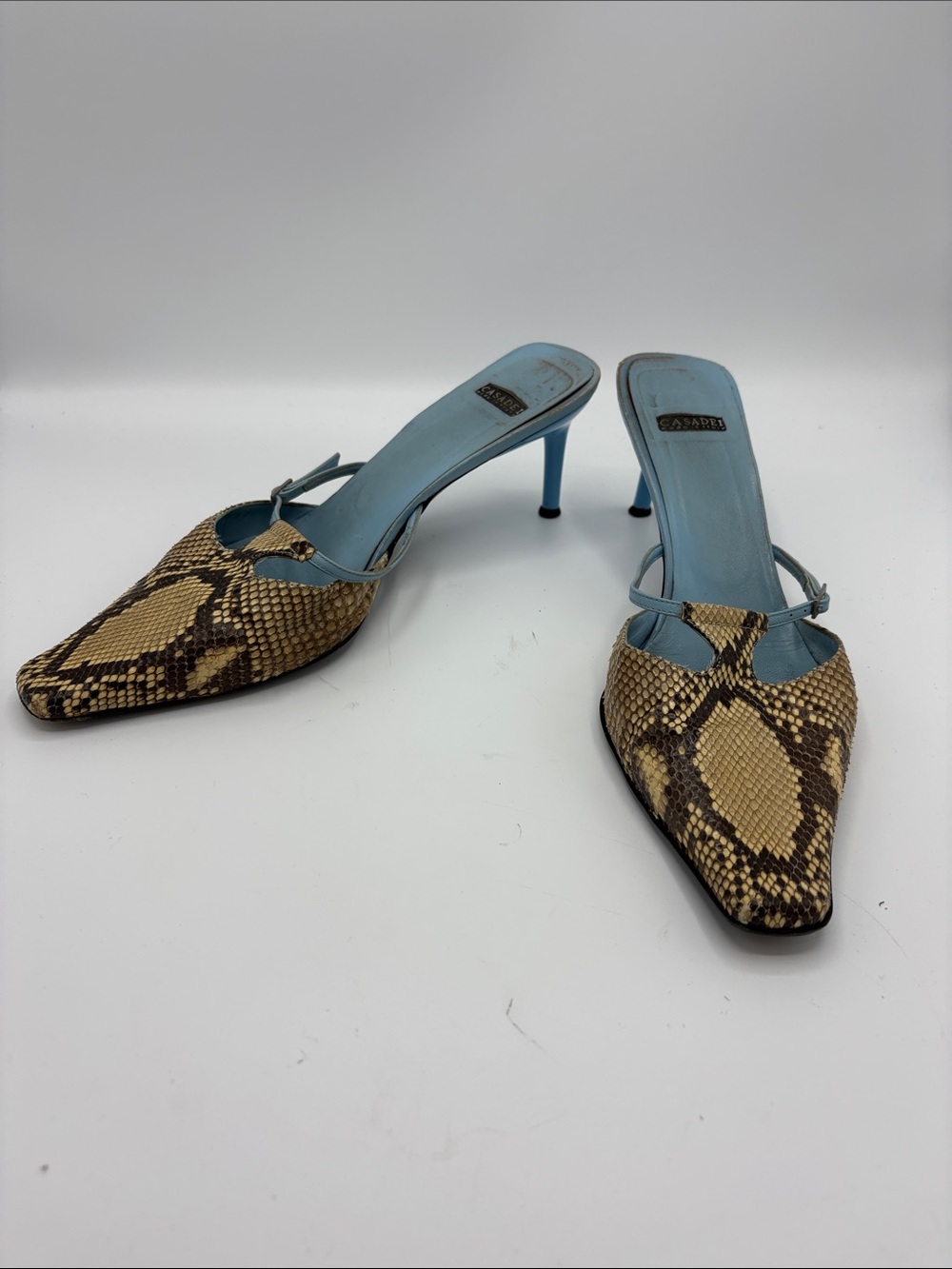 Casadei Blue Leather-Insole Snake-Print Pointed Mules